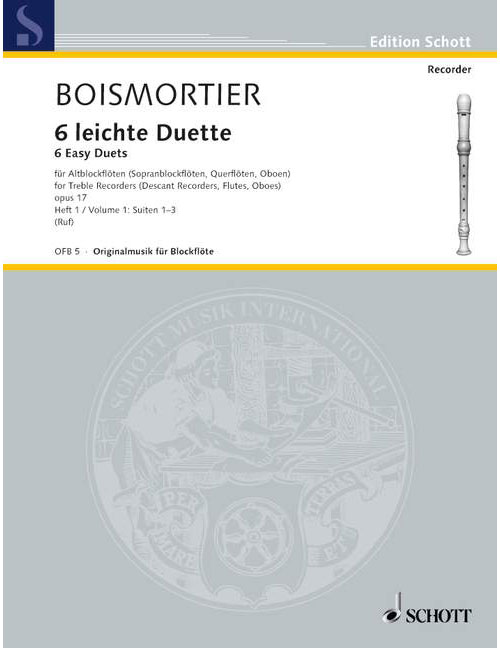 SCHOTT BOISMORTIER JOSEPH BODIN DE - SIX EASY DUETS OP. 17 BAND 1 - 2 TREBLE RECORDERS