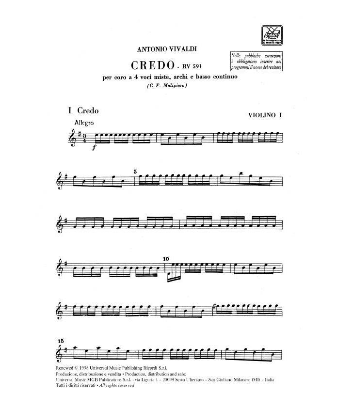 RICORDI VIVALDI ANTONIO - CREDO - SET DE PARTITIONS