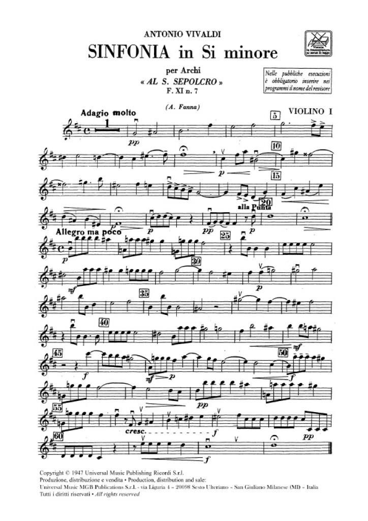 RICORDI VIVALDI A. - SINFONIE IN SI MIN. 'AL SANTO SEPOLCRO' RV 169 - PARTIES SEPAREES
