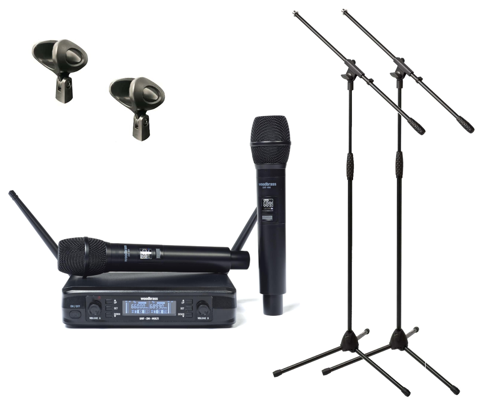 WOODBRASS Pack Micrófono Dual Multi Frecuencia UHF + Pies x 2