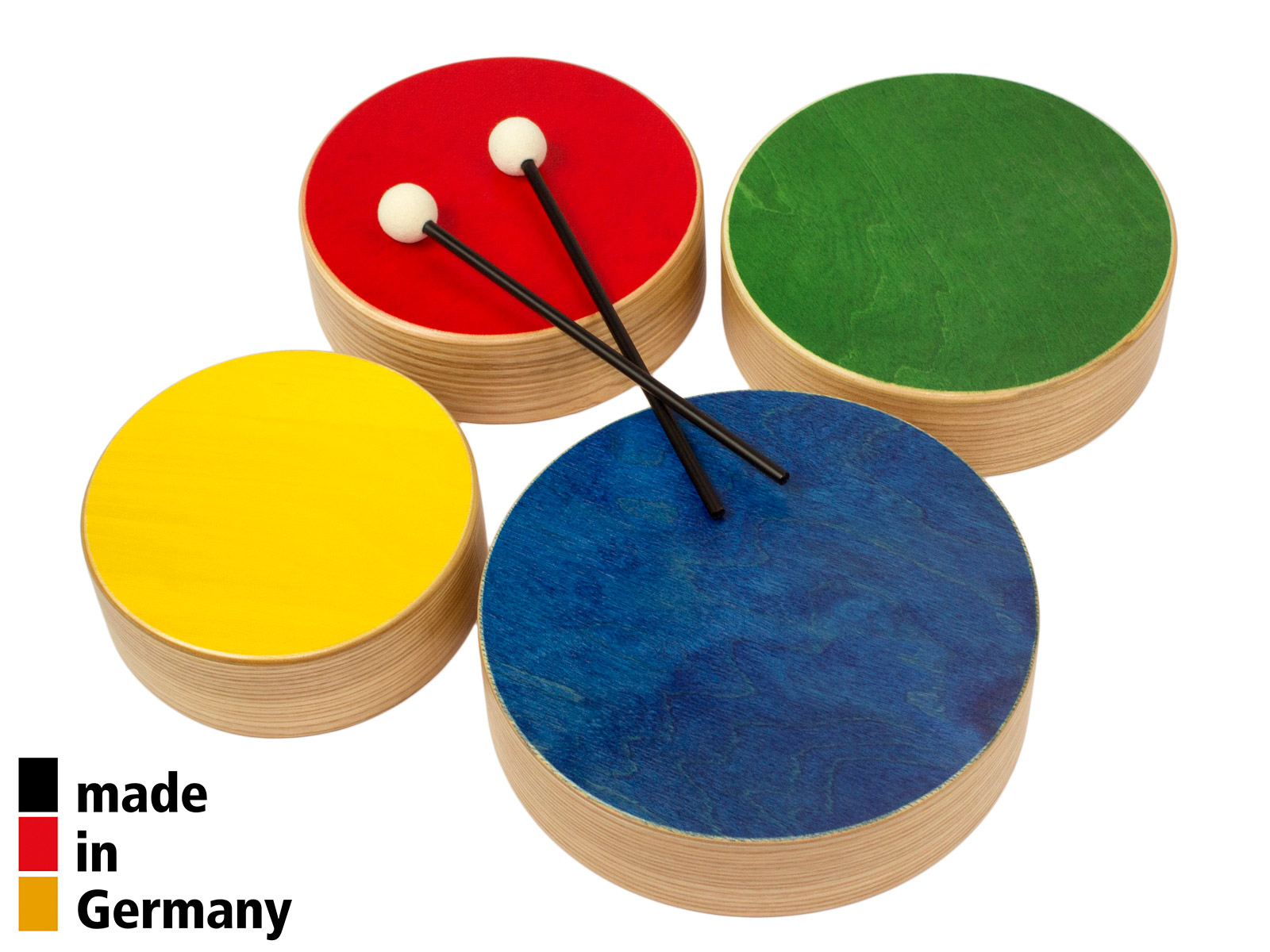 ROHEMA SET OF 4 COLORED WOODEN TOMS + 2 BEATERS - 3+