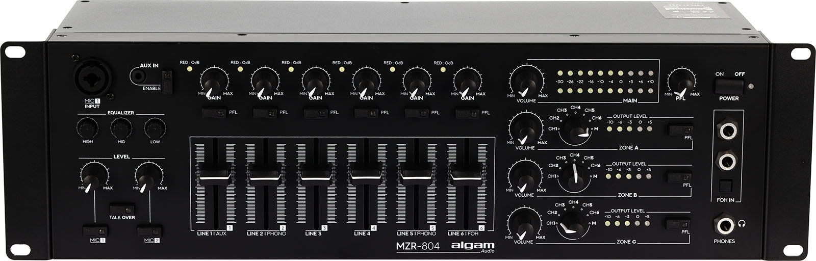 ALGAM AUDIO MZR 804 - rack-mountable 4 zone mixer, 6 + 2 input