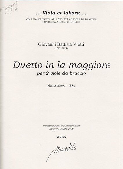 MUSEDITA Viotti Giovanni Battista - Duetto Per 2 Viole