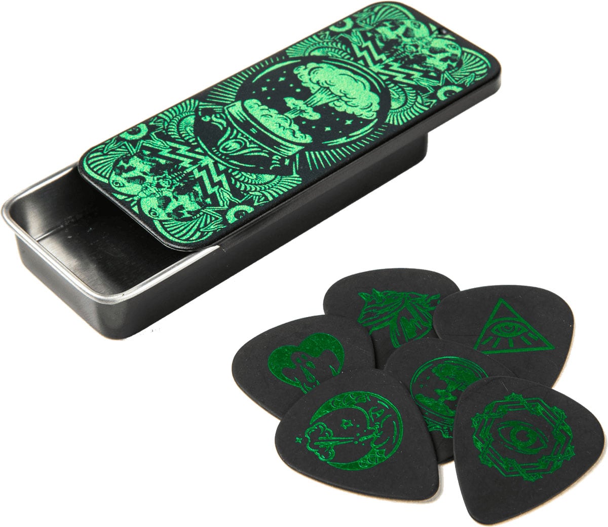 JIM DUNLOP MEDIATORS COLLECTOR I LOVE DUST BOX OF 6 MEDIATORS I LOVE DUST GREEN