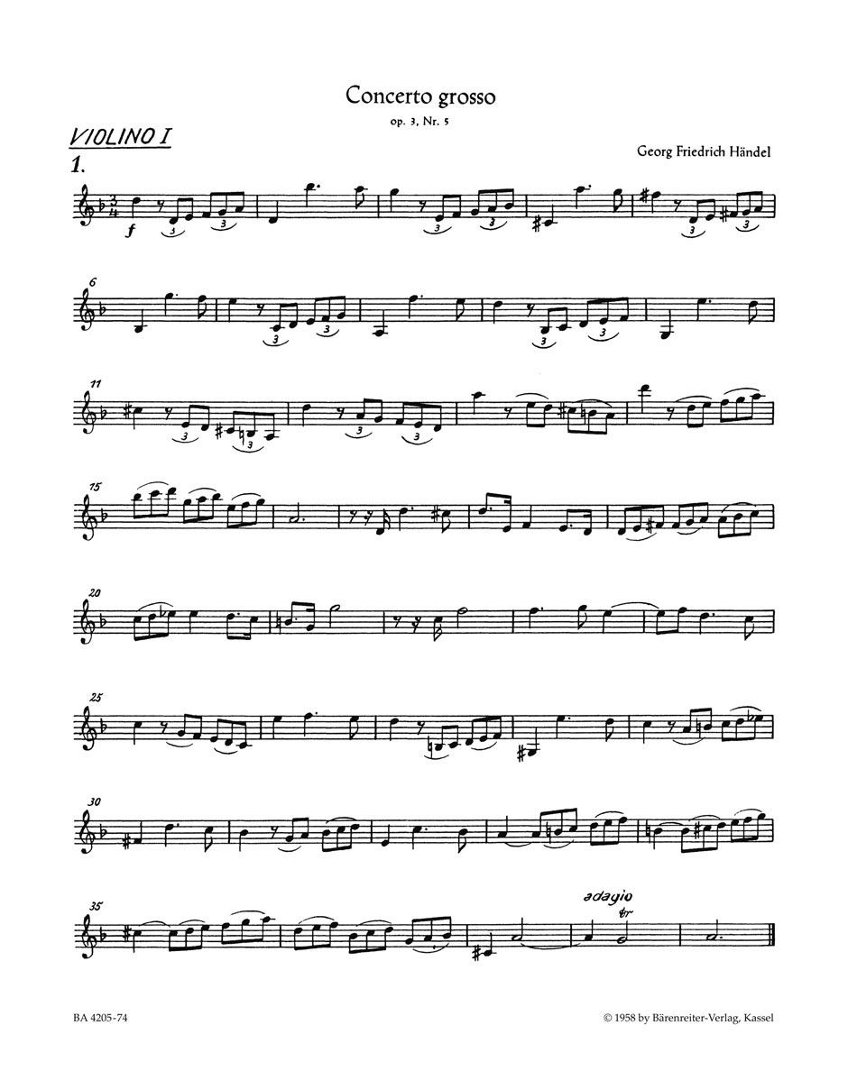 BARENREITER HAENDEL G. F. - CONCERTO GROSSO HWV 316 op. 3/5 EN Ré MINEUR - VIOLON 1