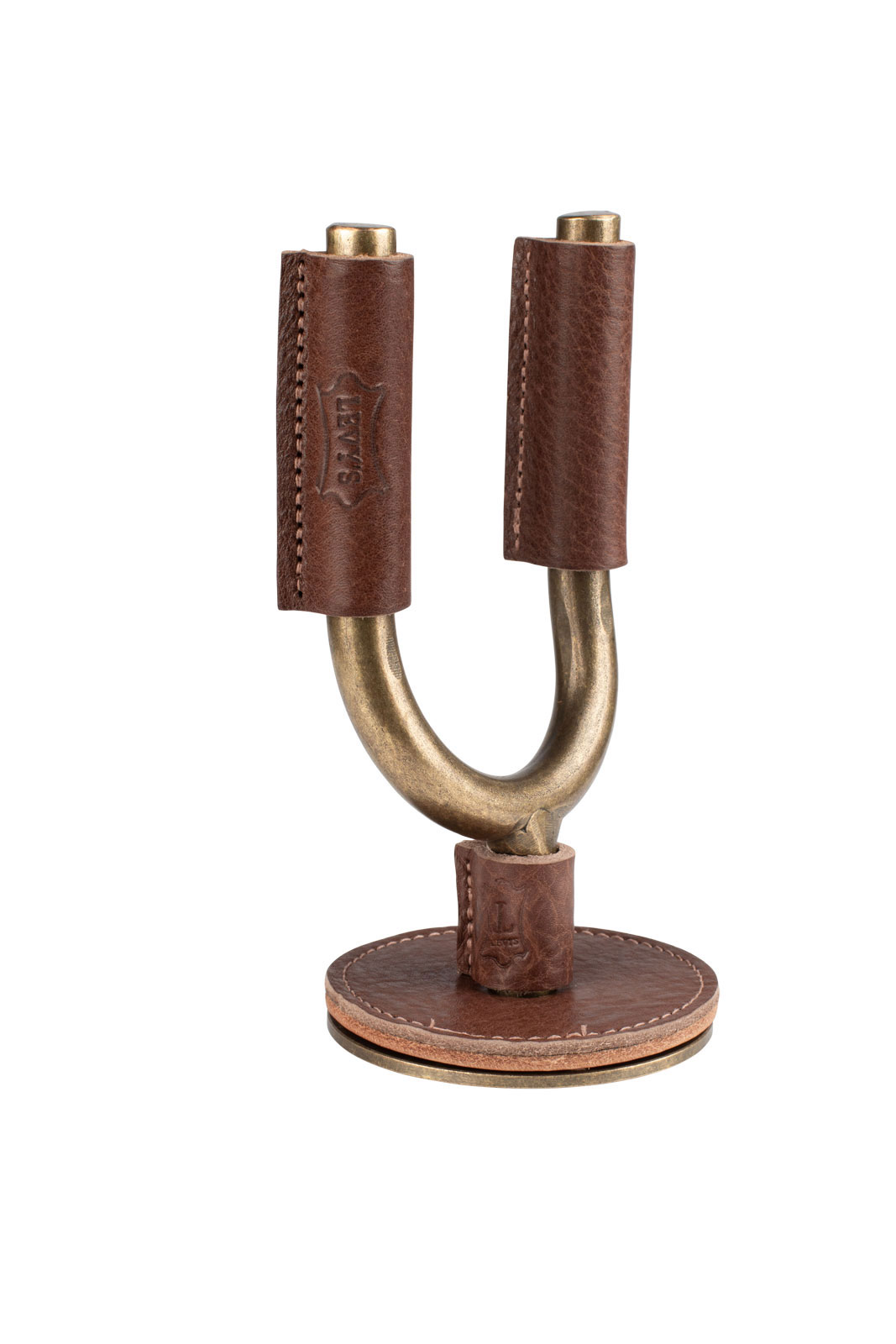 LEVY'S FGHNGR-BRBN WALL STAND IN WROUGHT IRON BRASS WITH LEATHER PROTECTIONS