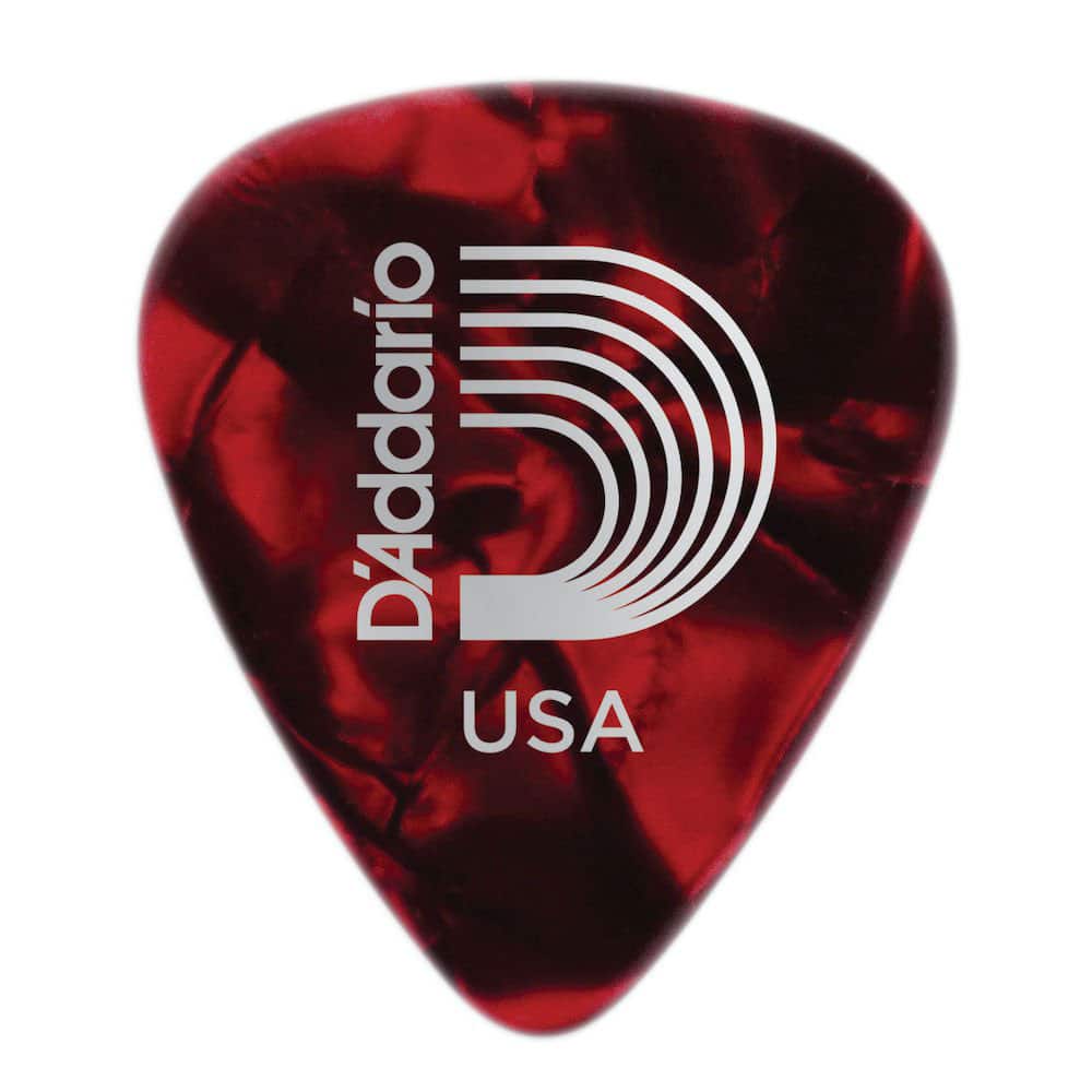 D'ADDARIO AND CO MEDIATORS CELLULOID GUITAR WITH RED PEARL PATTERN EXTRA HEAVY