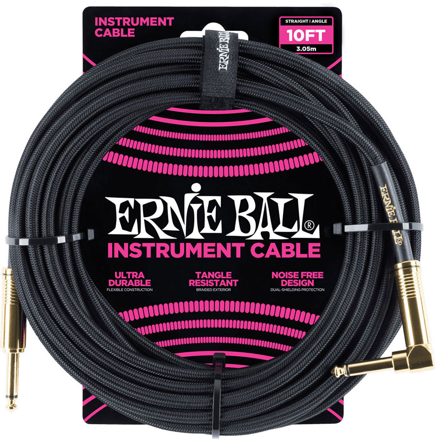 ERNIE BALL INSTRUMENT CABLE WITH WOVEN SHEATH JACK/JACK ANGLED 3M BLACK