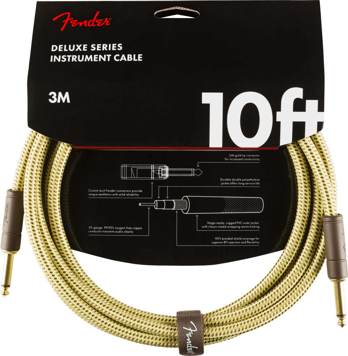 FENDER DELUXE INSTRUMENT CABLE, STRAIGHT/STRAIGHT, 10', TWEED