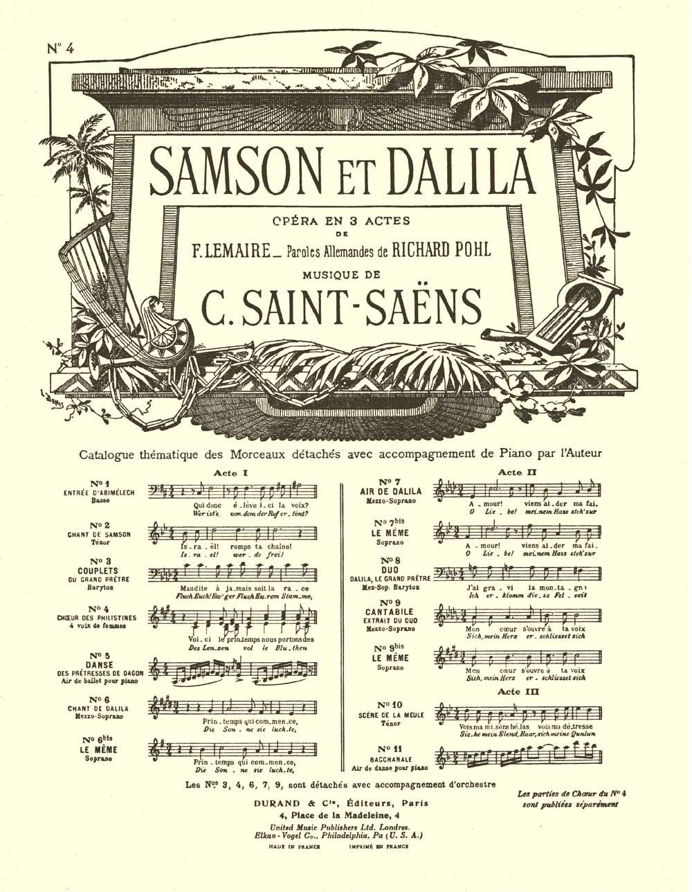 DURAND SAINT SAENS C. - SAMSON ET DALILA N 4 - CHOEUR ET PIANO