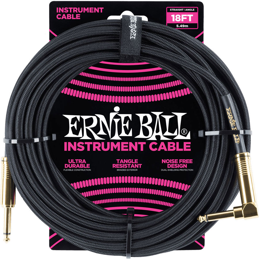 ERNIE BALL INSTRUMENT CABLE WOVEN SHEATH JACK/JACK ANGLED 5,5M BLACK
