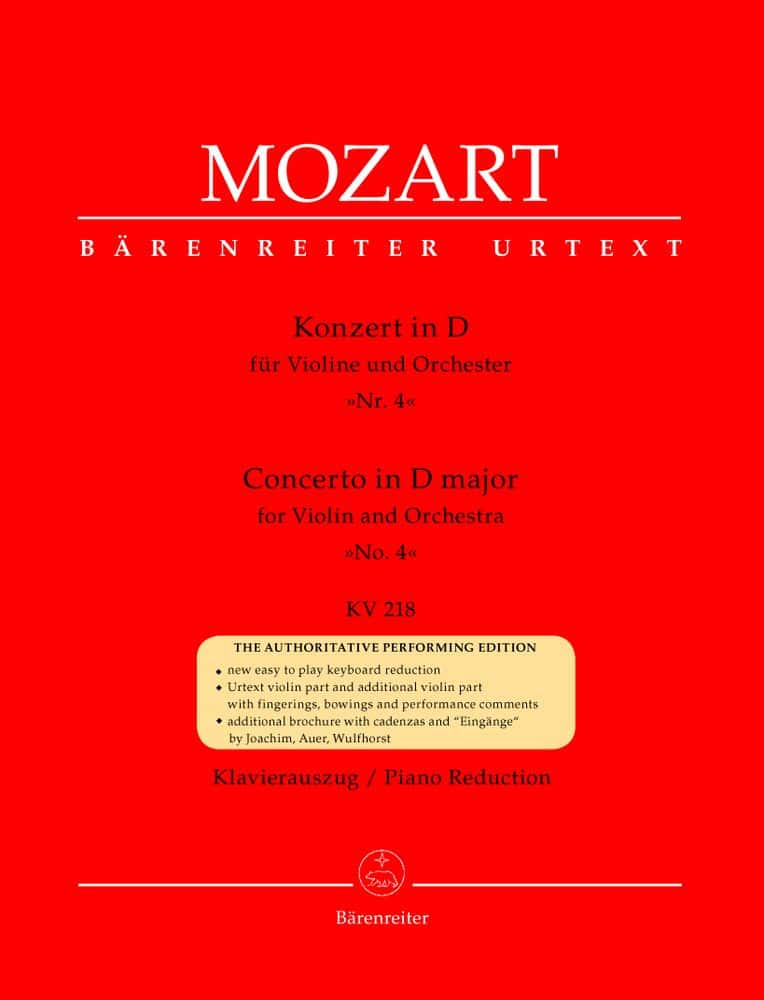 BARENREITER MOZART W.A. - CONCERTO EN RE MAJEUR N°4 KV 218 - VIOLON, PIANO