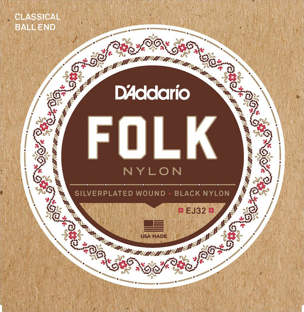 D'ADDARIO AND CO EJ32 FOLK NYLON GUITAR STRINGS BALL END SILVER WOUND/BLACK NYLON TREBLES