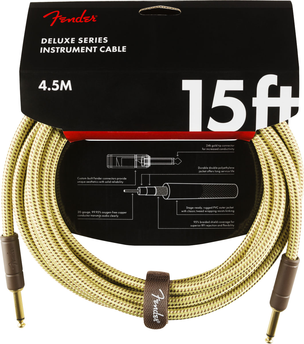 FENDER DELUXE INSTRUMENT CABLE, STRAIGHT/STRAIGHT, 15', TWEED